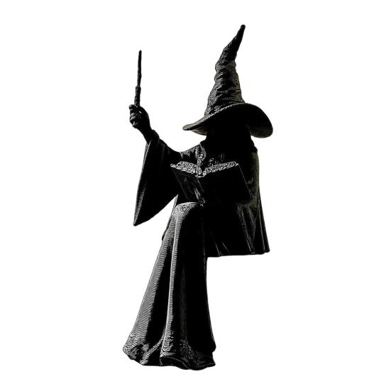 Black Witch Figurine for Home Shelf Faceless Sitter Figurine, 3D Printed Wizard Statue with Halloween Party Tabletop Decoration Wand Spell Book,