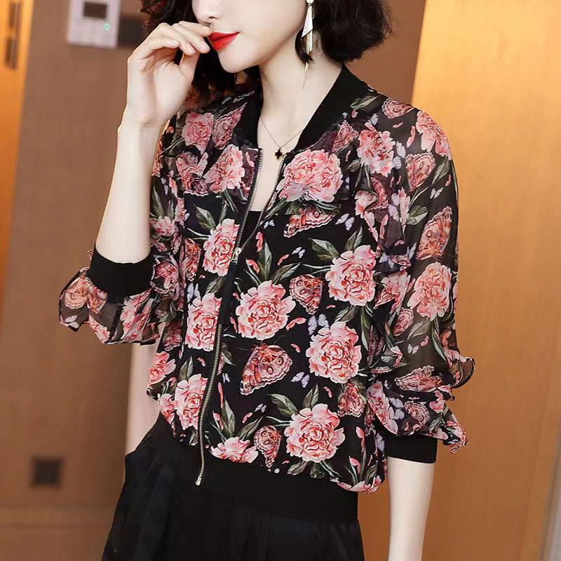 2025 Summer Plus Size Chiffon Cardigan - Women's Printed Long Sleeve Sun Protection Jacket for Middle-aged Moms