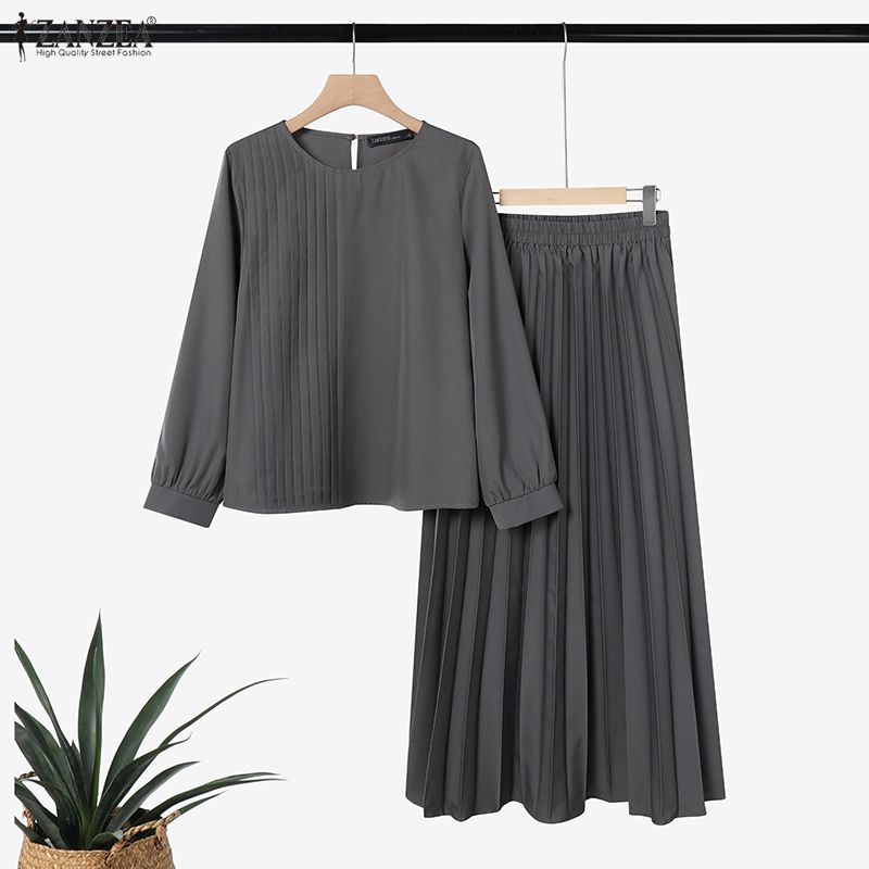 ZANZEA Completi casual da donna a due pezzi: camicetta a maniche lunghe e gonna a pieghe