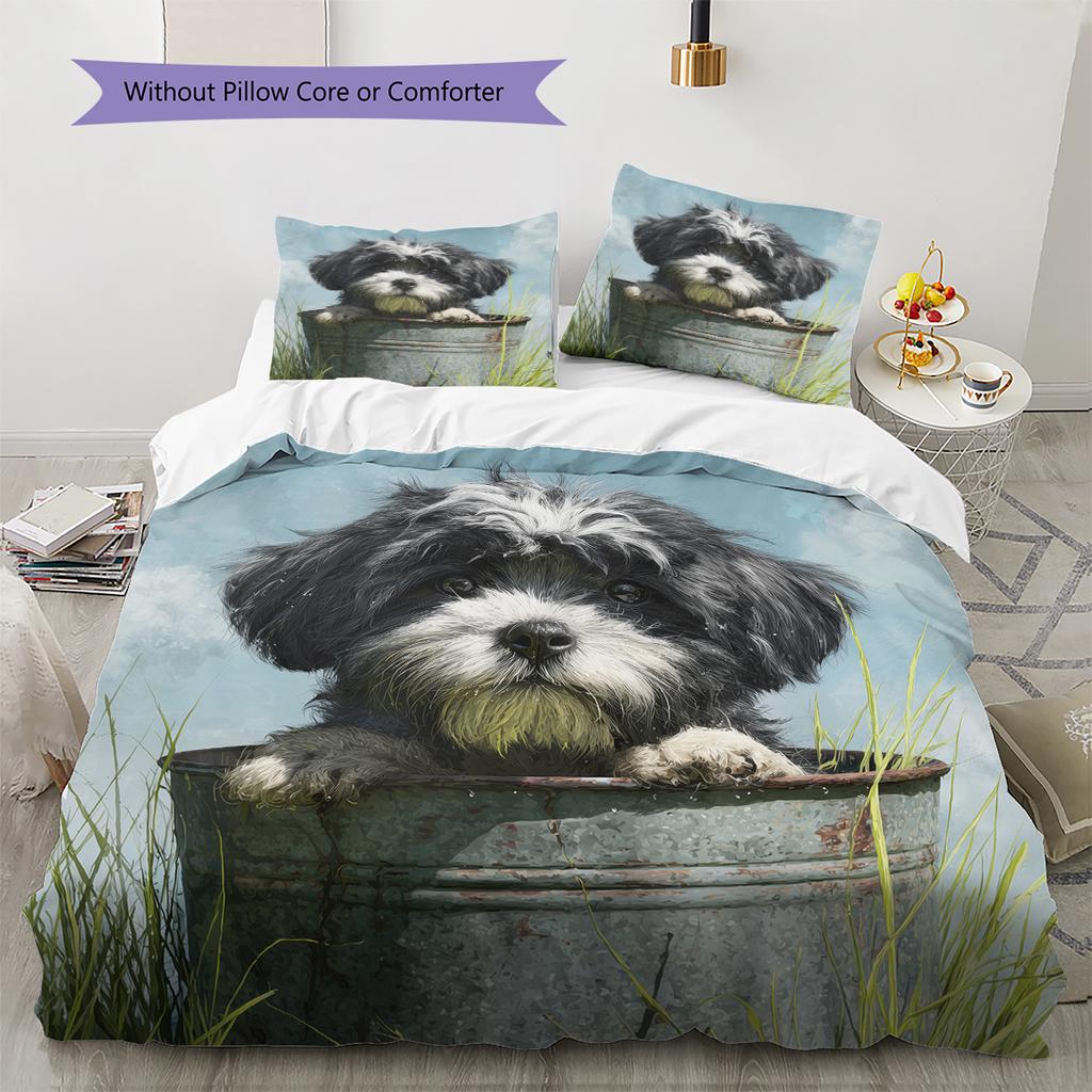 Shih Tzu and grass Pattern Bedding Home Decoration Birthday Gift (1 * duvet cover + 2 * pillowcase, without core)