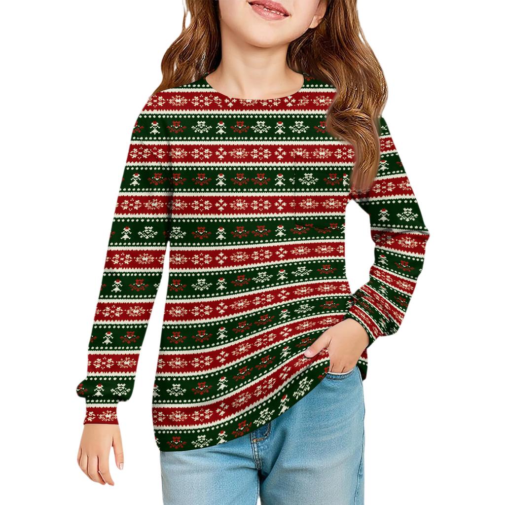 Christmas Day Girls' Long Sleeve Blouse - Round Neck Soft Waist Tunic