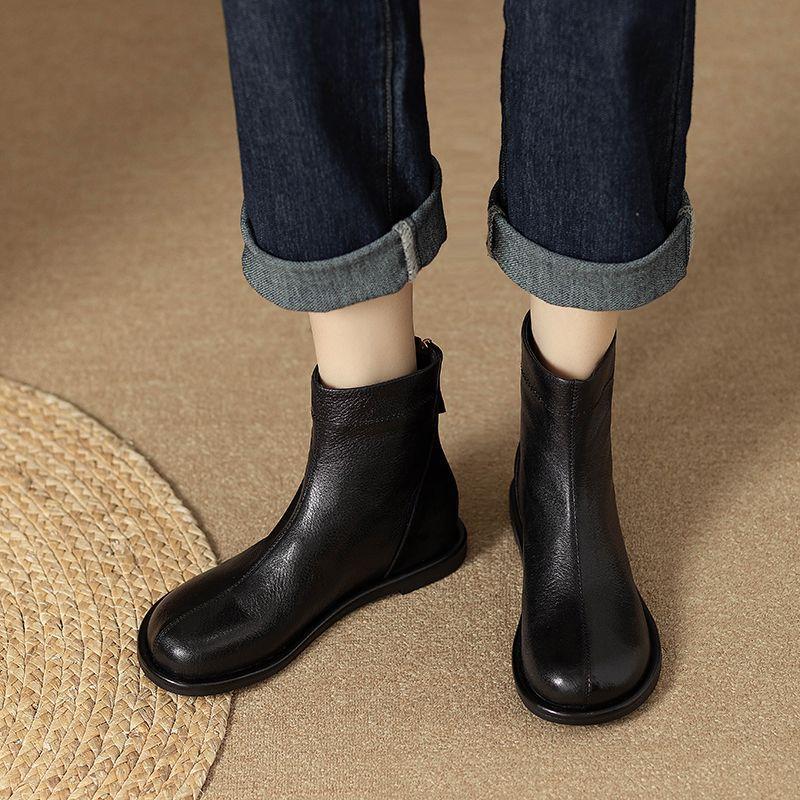 

Splicing design retro round head thin boots women s autumn and winter new flat bottom Martin boots soft commuter low heel short boots women 40