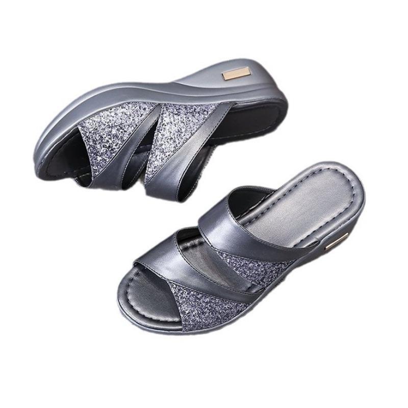 Summer New Thick-bottomed One-word Muffin Cool Slippers Women's Outer Wear Sequined Beach Thick-bottomed Drag