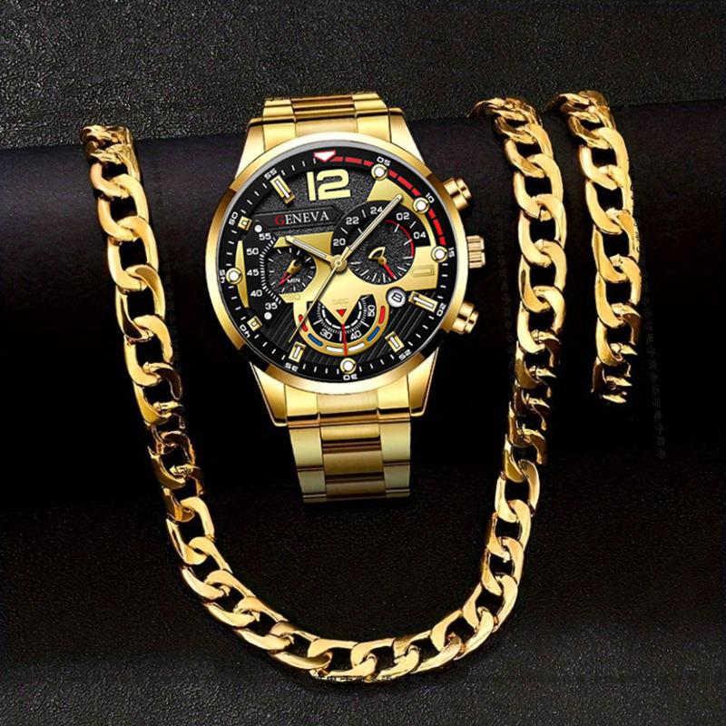 Men S 3-Piece Fashion Personalized Calendar Set Watch Watch + Bracelet + Necklace Business