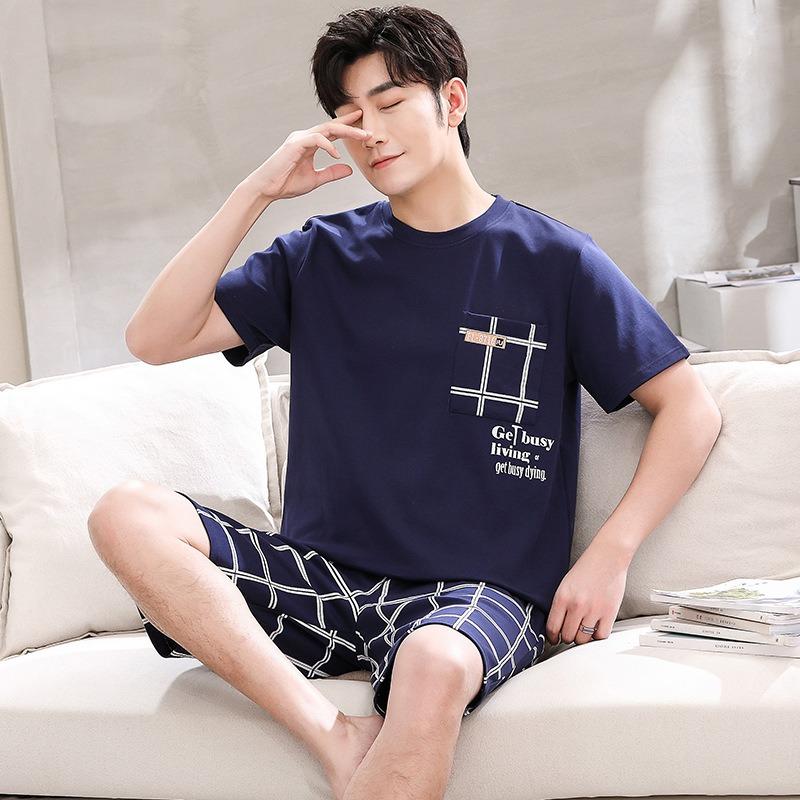 Two Piece Set Pajamas Men Cotton Fabric Jersey Short Sleeve Shorts Casual Loose Sports Loungewear Sleepwear Youth Nightwear