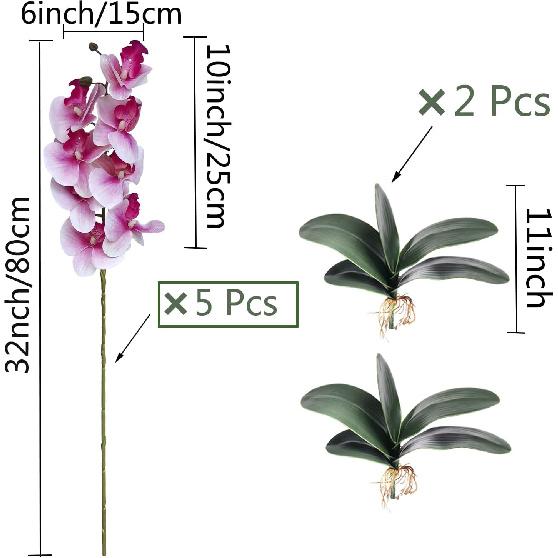 HinyoCo 5 Pcs Artificial Orchid Flowers and 2 Bundles Leaves,Artificial Phalaenopsis Flowers 32 Inch Stem Plants for Home Wedding Decoration (White