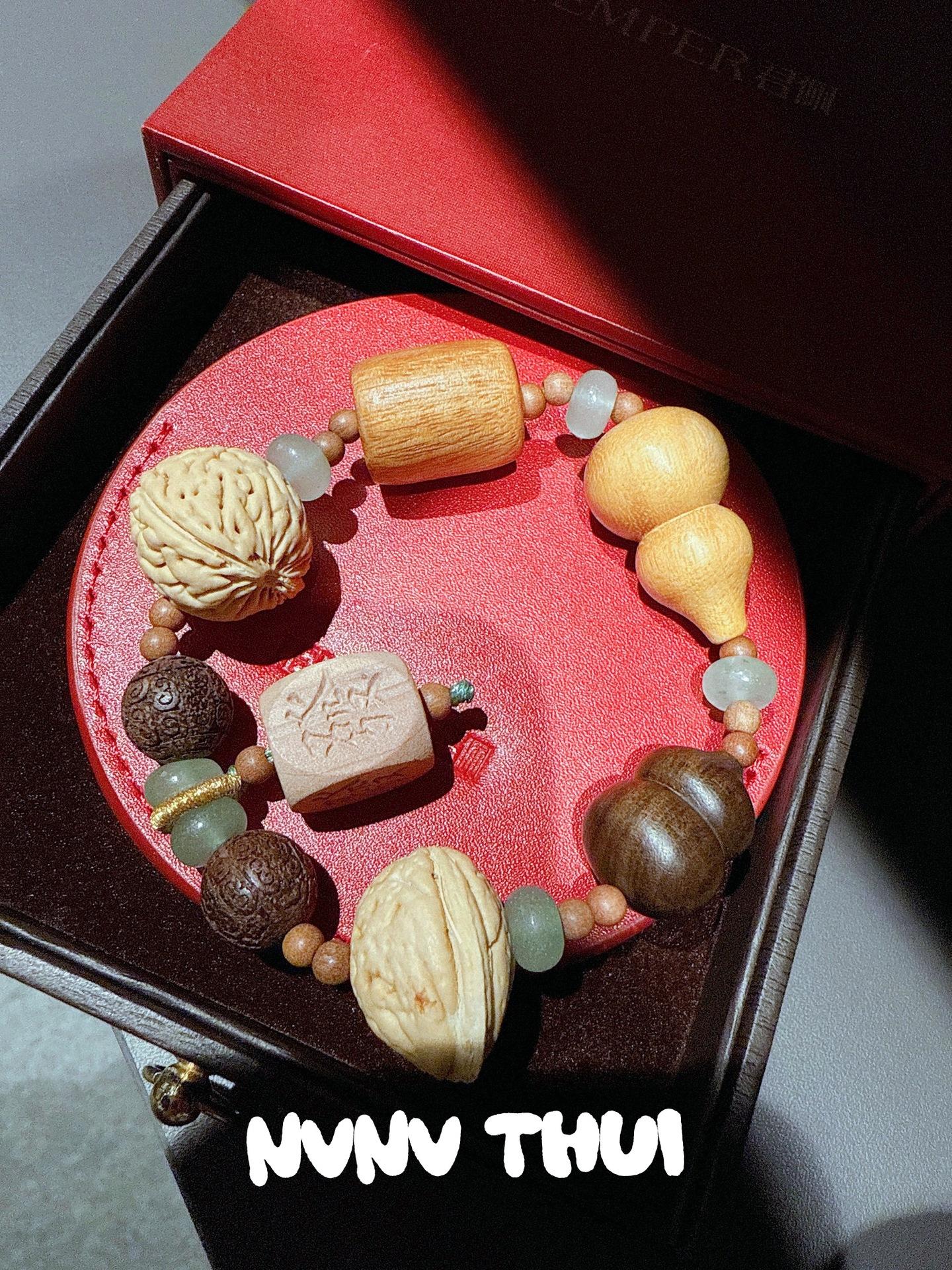 Jewelry, Natural Gold-Haired Crystal Sugar Cube Citrine Gourd Bracelet, New Chinese Fulu Sandalwood Gourd Bracelet Stacked