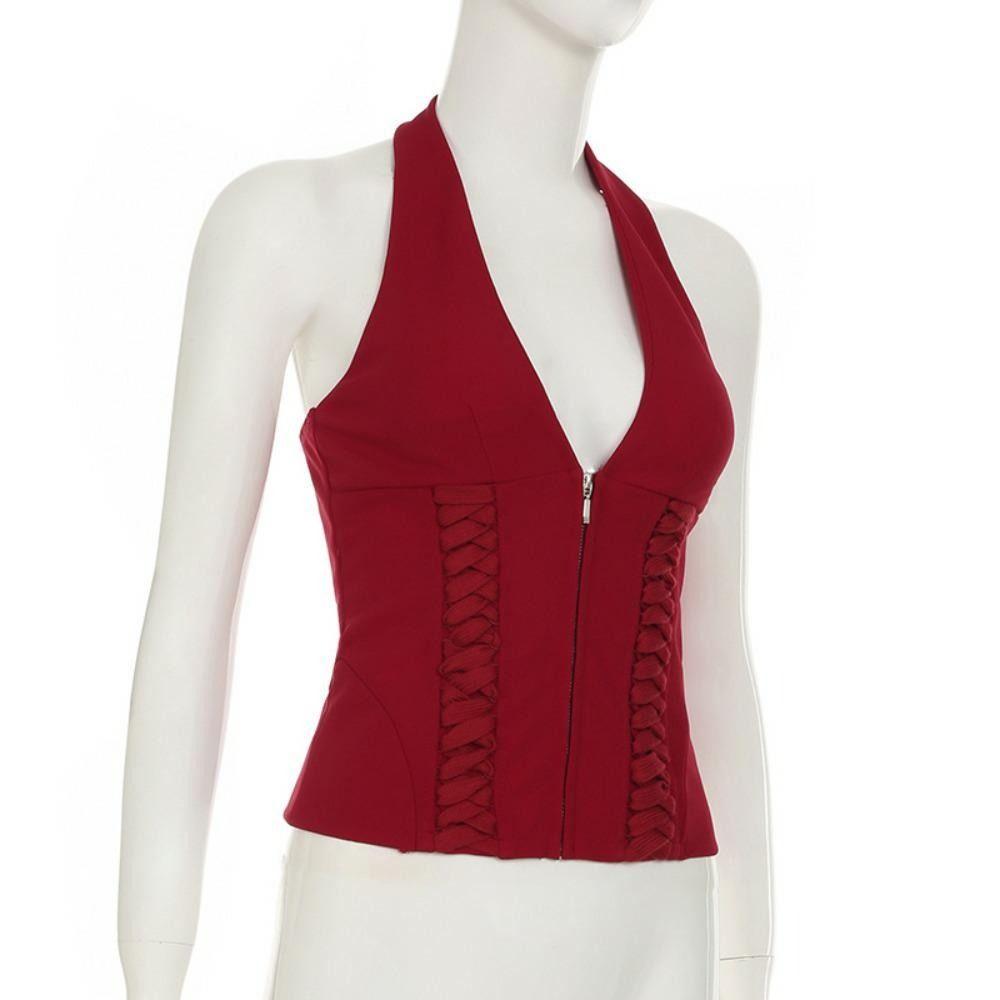 Deep V Neck Sleeveless Crop Top Tie Up Waist Strap Women Camisole Halter Vest Top Female