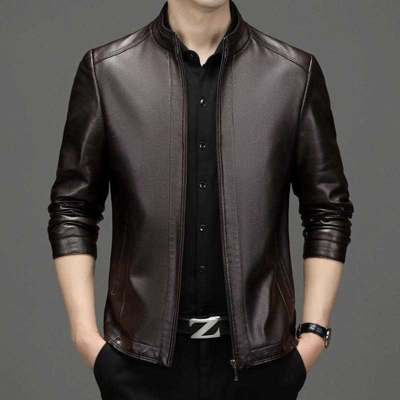 Leather jacket men's spring and autumn middle-aged and elderly men's genuine leather jacket short stand-up collar sheepskin dad leather jacket