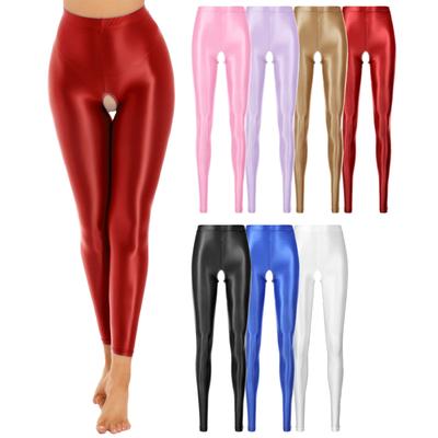 Womens Glossy Stretchy Open Crotch Leggings Solid Color Elastic Waistband Skinny Pants