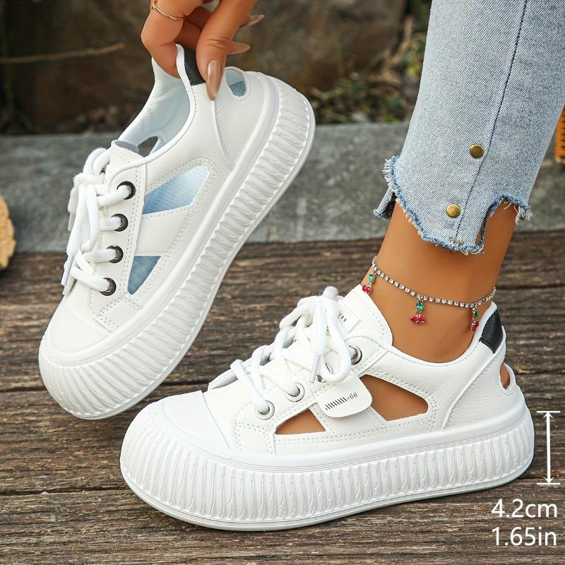 Women'S Chunky Platform Sneakers - Breathable Cut-Out Design, White Low-Top Lace-Up Shoes with Transparent PVC Sole, Comfortable All-Day Wear