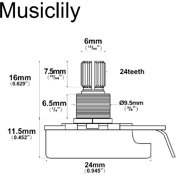 Musiclily Pro HD A250K Full Brass Inch Sized Fine 24-Spline Split Shaft Pot Audio Taper Potentiometers for Electric Guitar Bass (Set of 3)