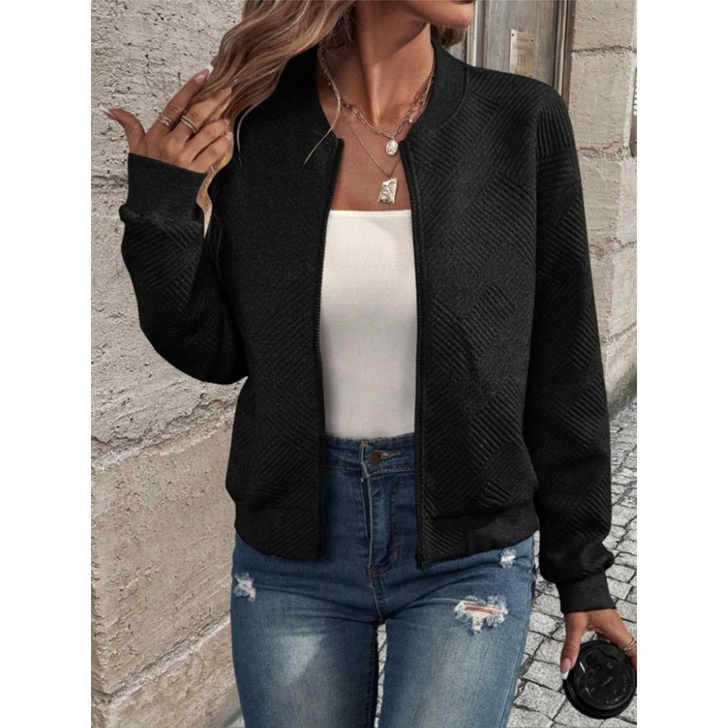 Women's Band Collar Long Sleeve Bomber Jacket Regular Fit Casual Zip Up Quilted Cardigan