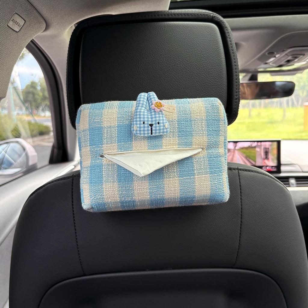 Cartoon Bear & Bunny Plaid Tissue Box for Car Seat Back, Armrest, or Sun Visor