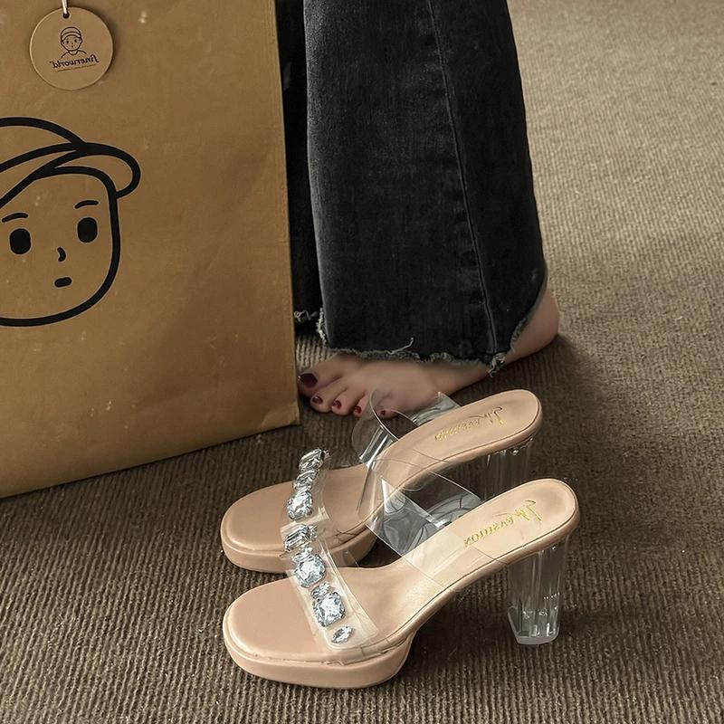 Sandale cu toc înalt pentru femei, vara 2024, îmbrăcăminte exterioară nouă, cu platformă cu strasuri transparente, sandale sexy cu toc gros din cristal, cu zână
