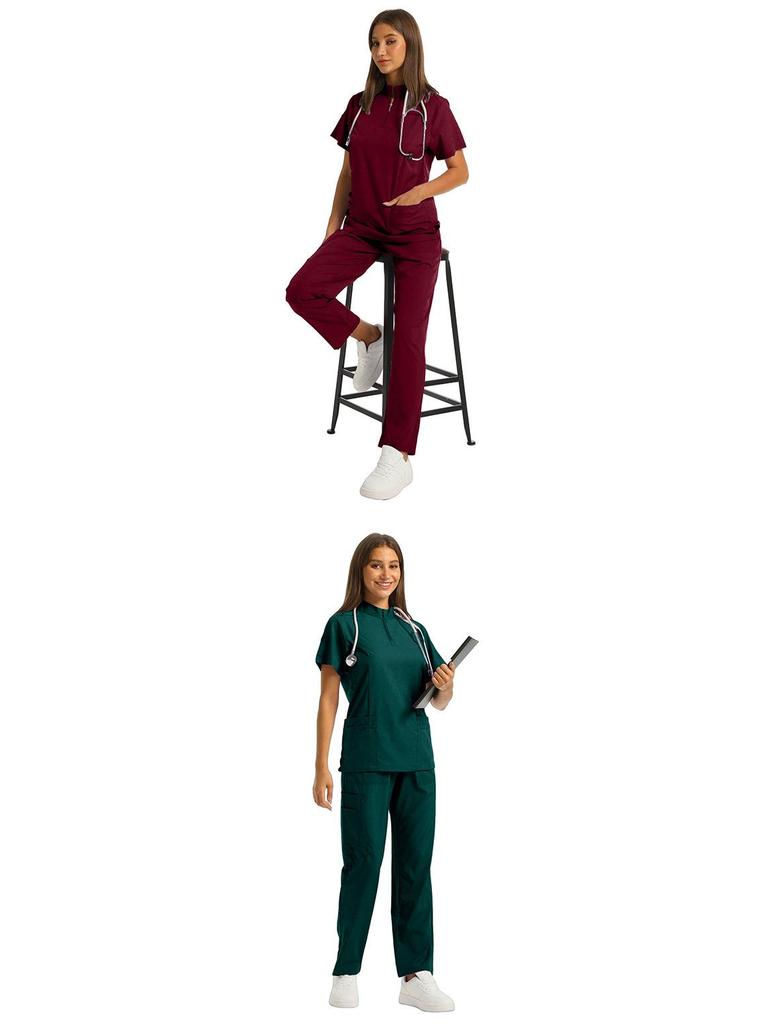 Damen Kurzarm Reißverschluss Scrub Set für Tierpflege, Krankenhaus, Arzt, Krankenschwester