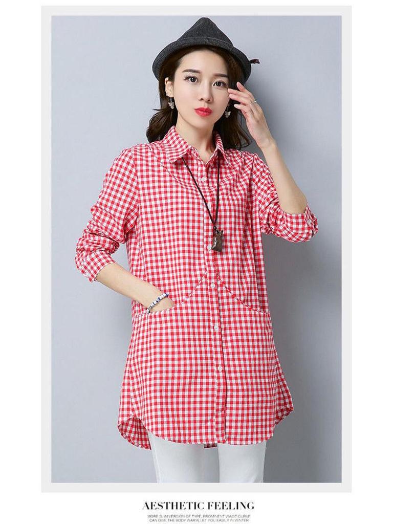 2024 Women's Korean Style Plaid Cotton Long Sleeve Loose Casual Shirt - Plus Size, Mid-Length