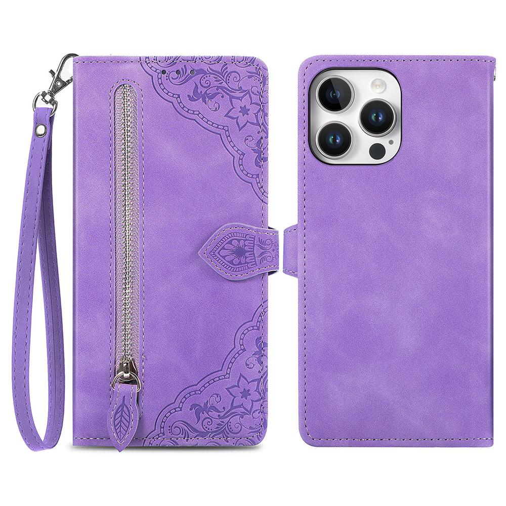 Dla iPhone 16 Pro Max Etui Portfel na Zamek z Paskiem Wytłaczany Wzór Kwiatowy Skórzane PU Pokrowiec na Telefon