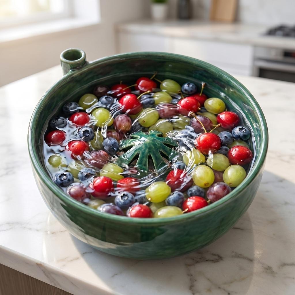 Handcrafted Ceramic Bowl with Integrated Drainage Hole for Washing and Serving Fruits Vegetables and Snacks for Kitchen Use