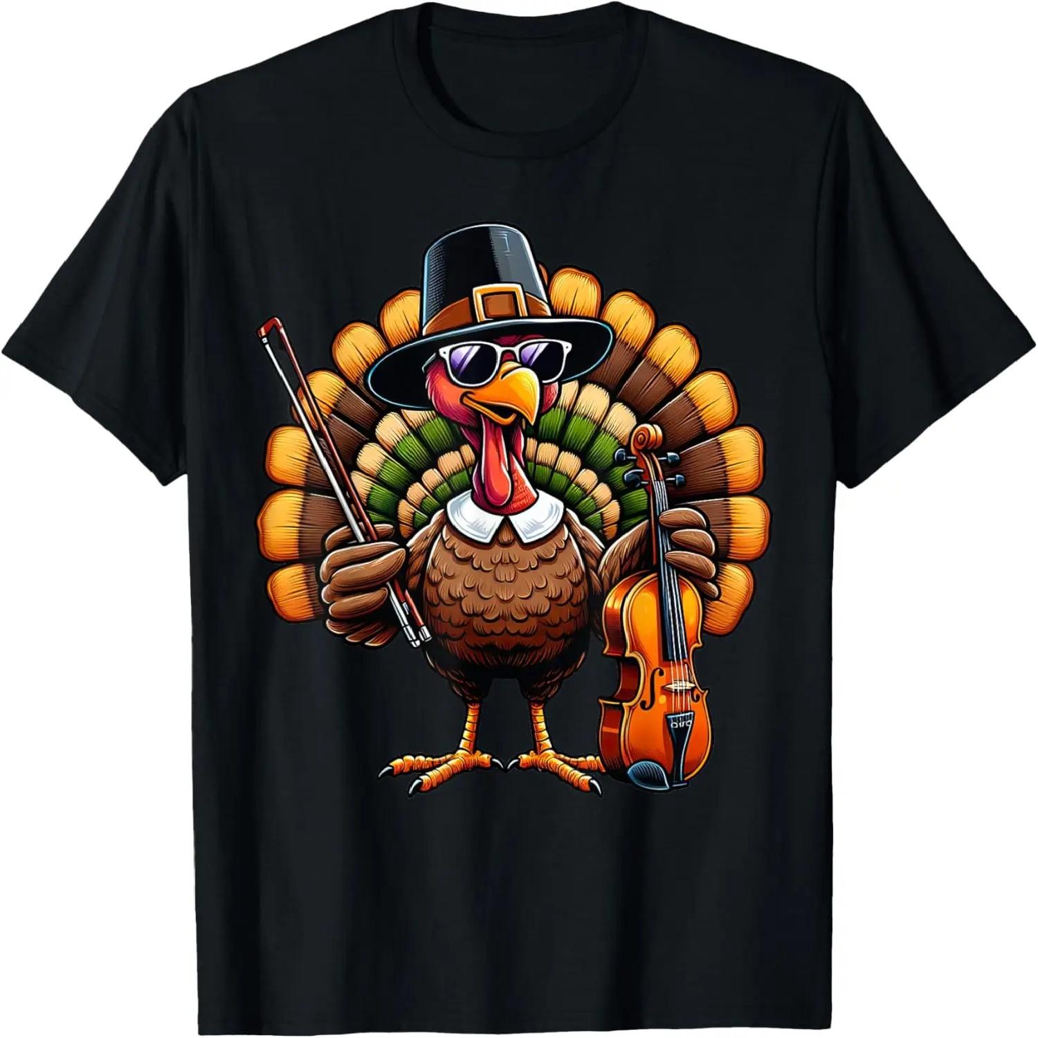 Funny Thanksgiving Turkey Sunglasses Violin Player Music T-Shirt S