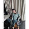 Retro Pure Contrast Color Crew Neck Long Sleeve Knitted Sweater Spring Women's Slim Skinny Green Bottom Top