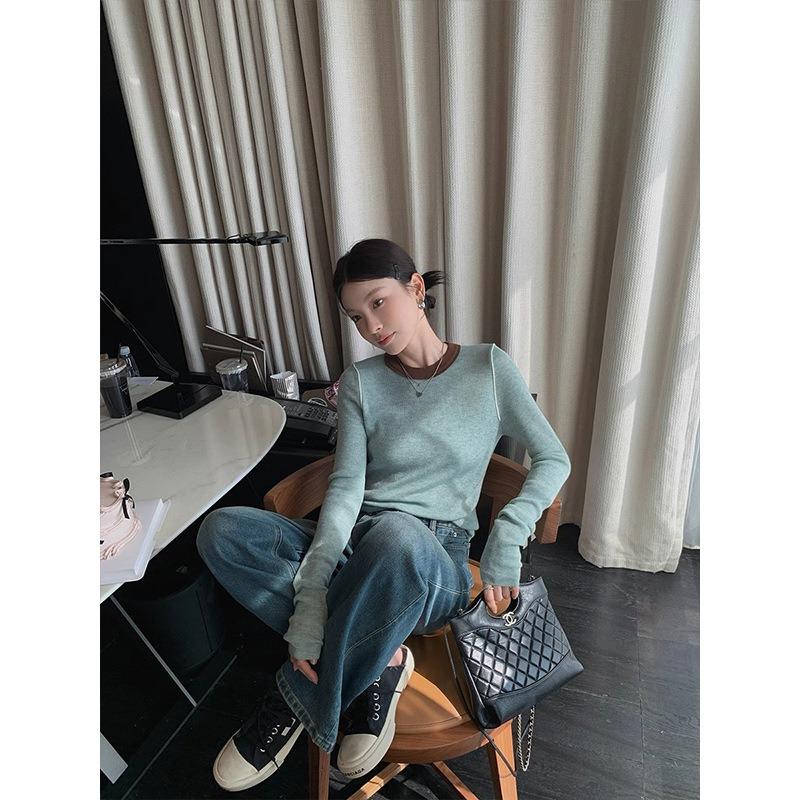 Retro Pure Contrast Color Crew Neck Long Sleeve Knitted Sweater Spring Women's Slim Skinny Green Bottom Top