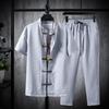 Camicie + Pantaloni Pantaloncini estivi in ​​cotone e lino Maniche Set casual da uomo Pantaloni e camicie da uomo alla moda