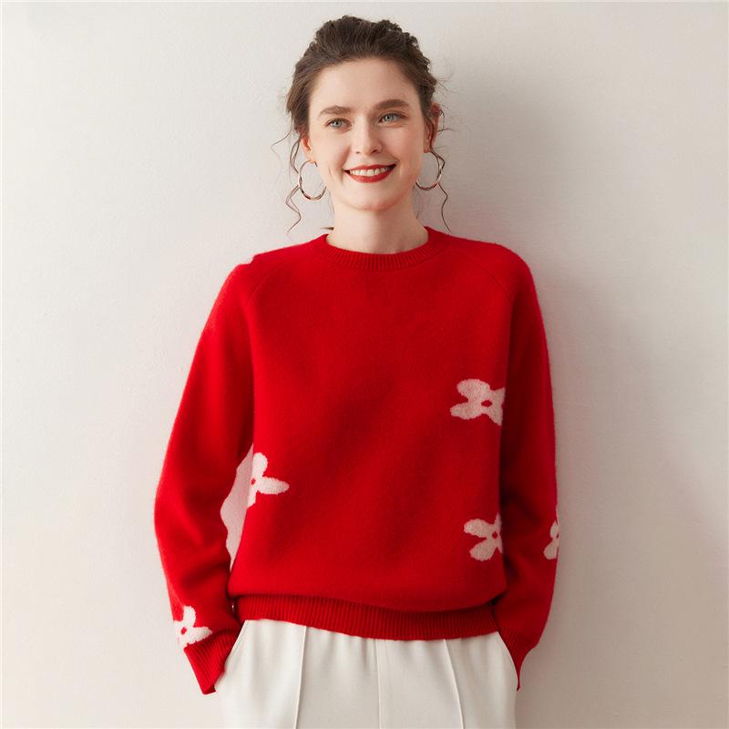Lekasha Women's Embroidered Cashmere Knit Sweater - Warm, Versatile, Round Neck, Long Sleeve for Autumn/Winter