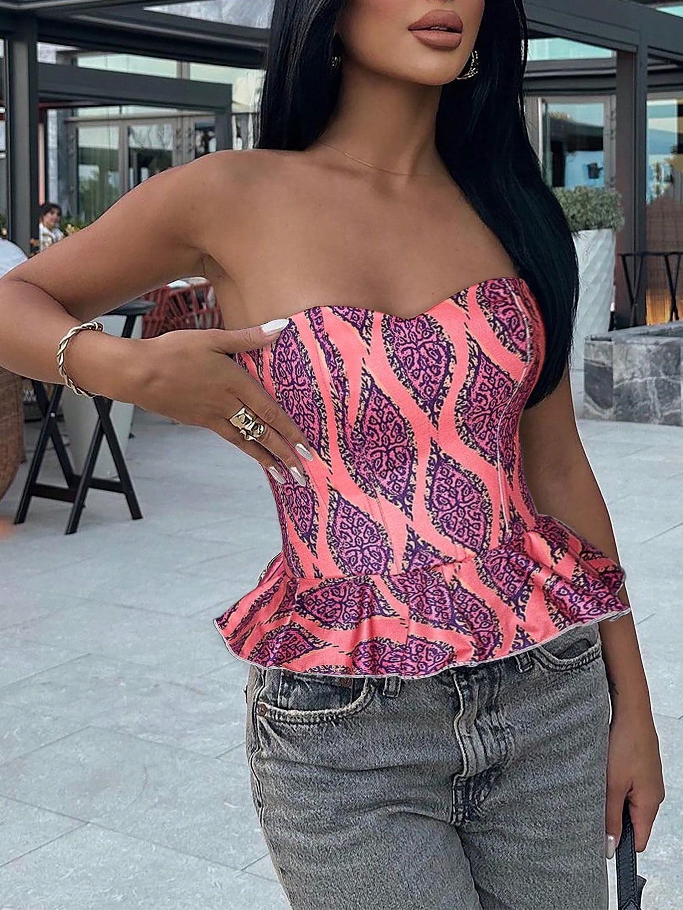 

Розовая Красота Винтажный Принт Рюши Подол Шнуровка Сзади Открытая Спина Корсет Шейпвер Одежда для Клуба Топ-Труба S разноцветный