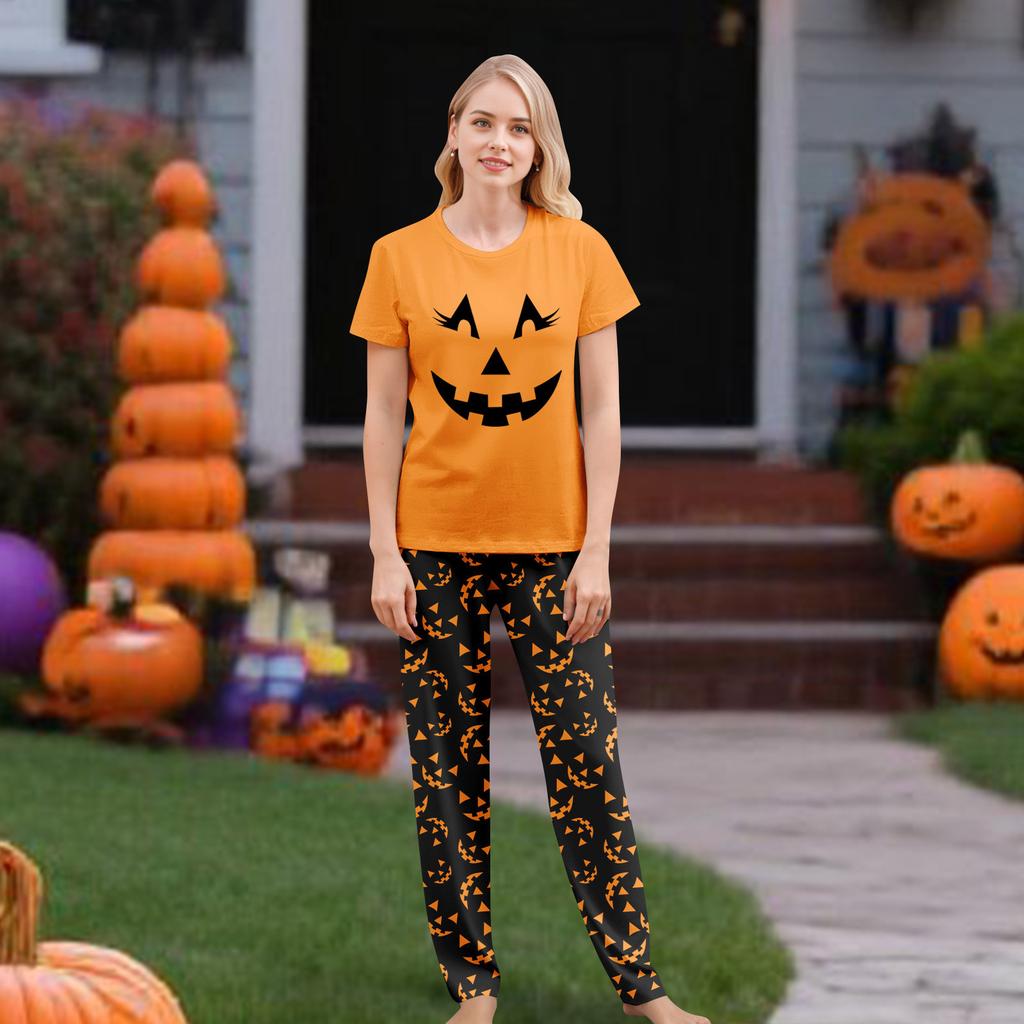 Print Cute Family Set Pajamas, Home Clothes, Family Set Short Sleeve Top Pants Set