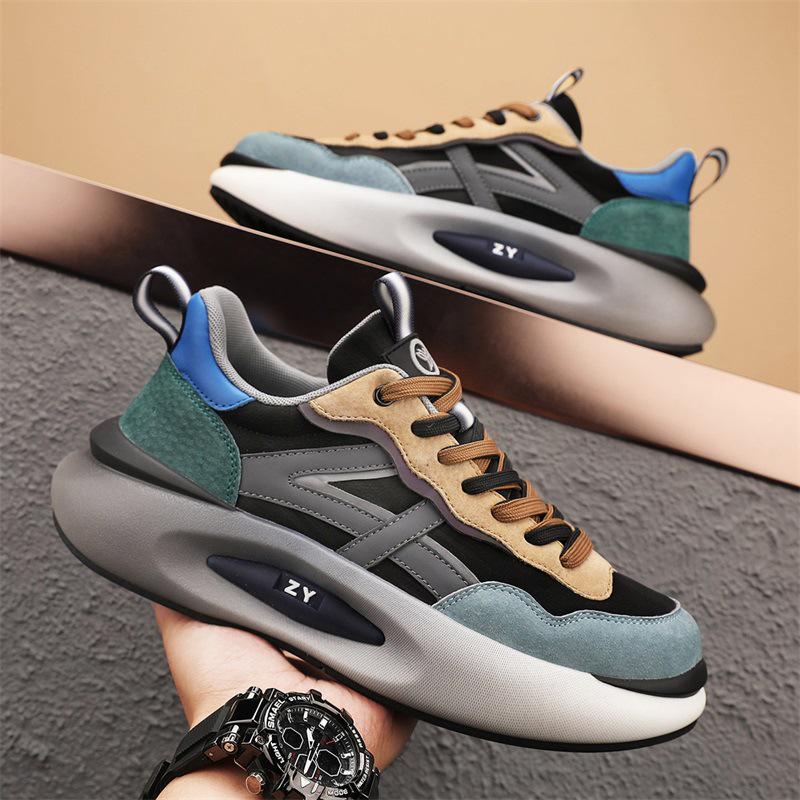 Men's Retro Genuine Leather Sneakers - Thick Sole, Breathable Mesh, All-Season Casual Fashion Shoes