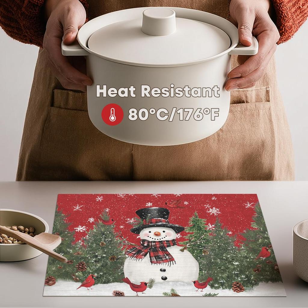 Snowman Trees Winter Floral Vinyl Placemats Set of 4, Wipeable Red Christmas PVC Woven Table Mats for Party Kitchen Dining Decor, 12x18 Inch
