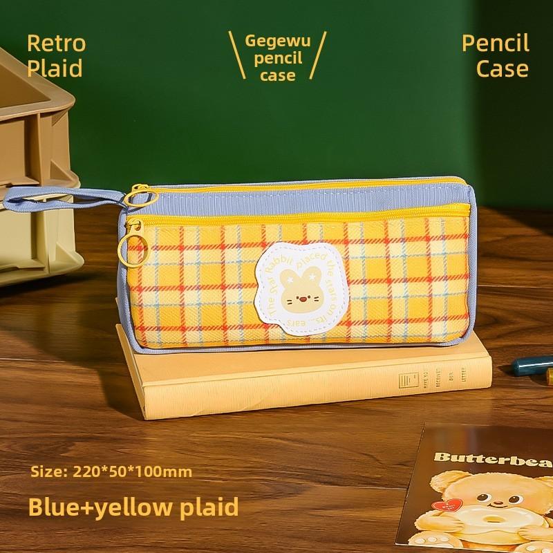 Vintage Plaid Animal Pattern Pencil Case With Large Capacity For Students And Office Use