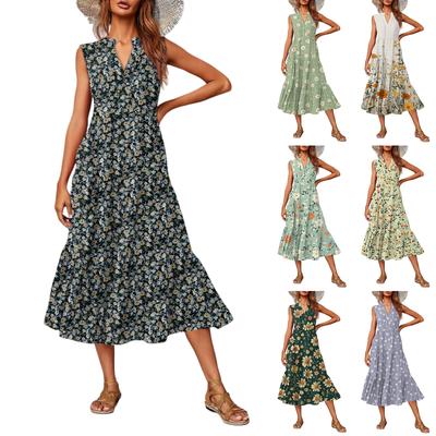 Vestido Feminino Casual e Fashion de Decote V Sem Mangas Estampado Midi