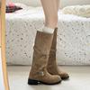 Fashion Solid Color Retro Suede Cowboy Boots Women's 2025 Autumn and Winter New Buckle Tall Thick Heel Thin Fashion Boots