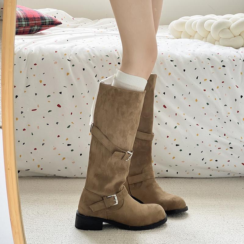 Fashion solid color retro suede cowboy boots women's 2025 autumn and winter new buckle tall thick heel thin fashion boots