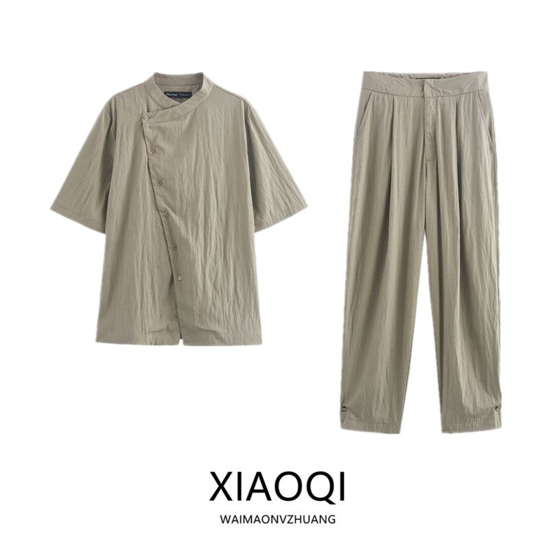 Fashion Style 2024 Autumn New Women's Clothing Asymmetric Round Neck Short Sleeve Casual Shirt Pants 4437269