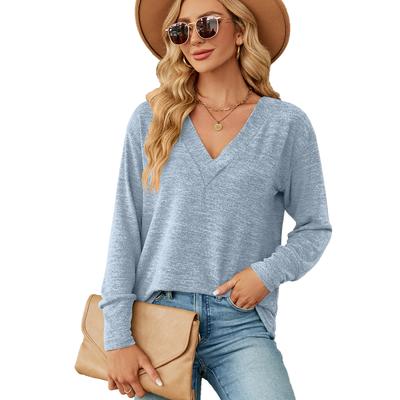 Autumn Winter Solid Color V-neck Loose Casual Long Sleeve T-shirt Top for Women's Clothing