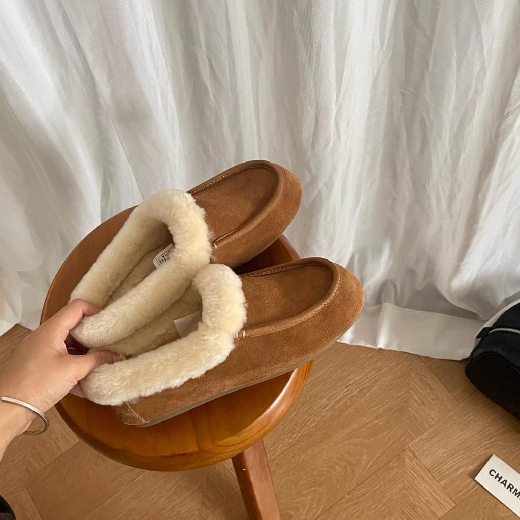 Cowhide version~ Winter new retro fur snow boots women's wool integrated one-pedal bag heel lazy muller shoes