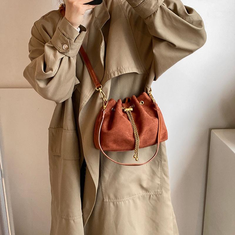 Yogodlns Faux Suede Shoulder Bag Simple Commuting Crossbody Bags Thread String Women's Handbags Sewing Sweet Bags for Women