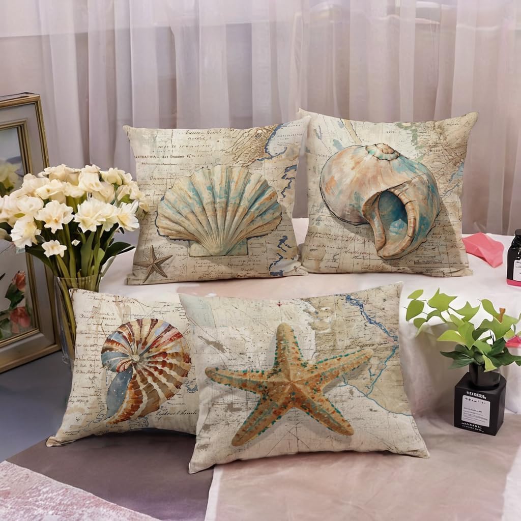 7COLORROOM Nautical Throw Pillow Covers 18 X 18 inches,Vintage Map Background Seashell Starfish Cushion Cases Beach Sea Style Design Home 4Pack