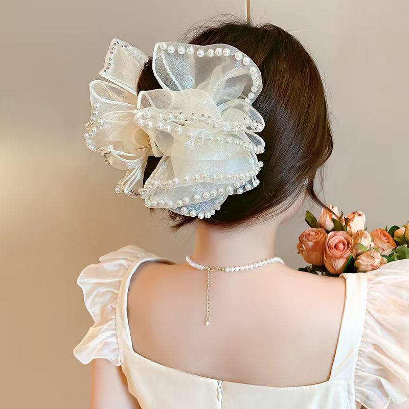 Luksusowa damska spinka do włosów kok z chmurką i kokardą – Duży dodatek typu szczęka rekina