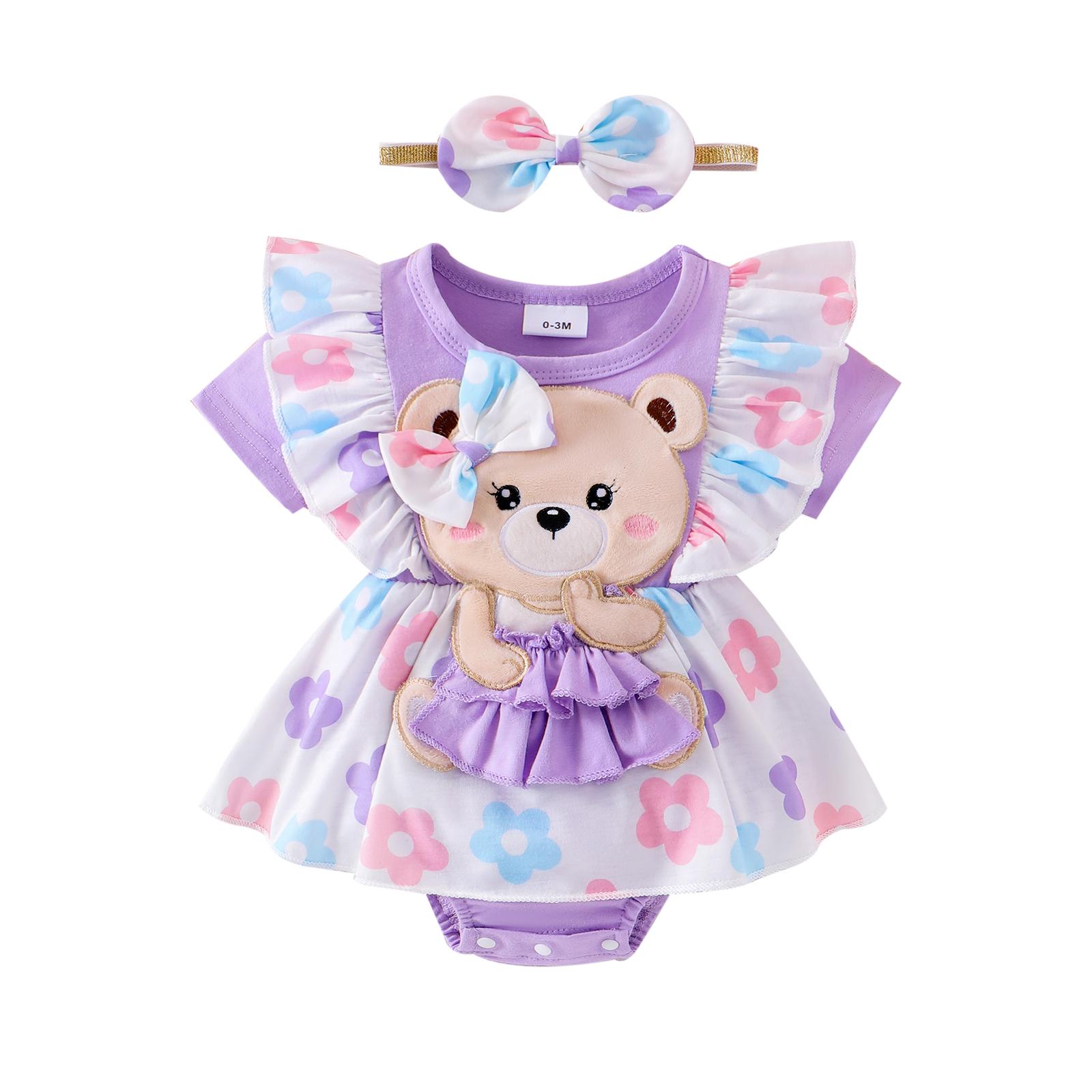 

Детское платье-комбинезон с цветочным принтом для девочки, боди с короткими рукавами и оборками, бантом на голову, летний наряд из 2 предметов 12-18 Months фиолетовый