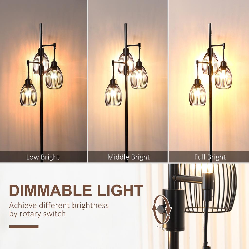 3-Light Floor Lamp, 170cm Industrial Dimmable Standing Lamp with Steel Wire Cage Lampshades for Living Room, Bedroom, Dining Room, Study