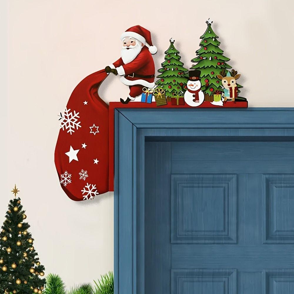 2pcs Wooden Christmas Door Corner Frame Cartoon Modern Door Frame Pendant Santa Claus Door Sign Atmosphere Layout