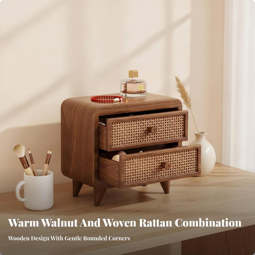 Sturdy Rattan Drawer Vanity Box | Minimalist, Walnut Finish Makeup Chest, for