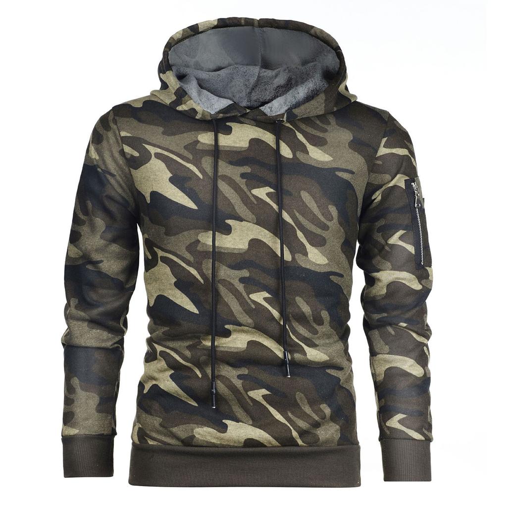 Men's Fashion Camouflage Sweatshirt Men's Drawstring Ribbed Closure Sleeve Pocket Hoodie