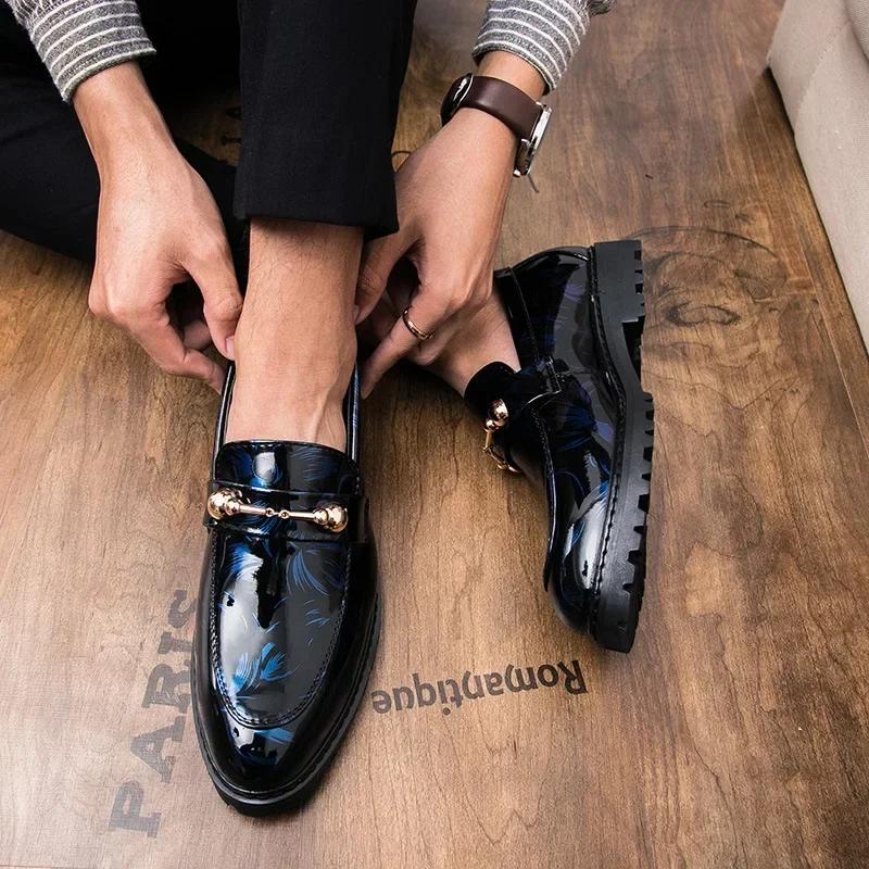 Shiny Leather Shoes for Men Platform Dress Shoes Slip On Men Loafers Party Designer Wedding Footwear Para Hombres