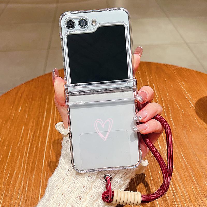 

Love Heart Pattern Lanyard Phone Case For Samsung Galaxy Z Flip 7 FE 6 5 4 3 5G Folding PC Clear Cover For Samsung Z Flip7 Flip6 Galaxy Z Flip4