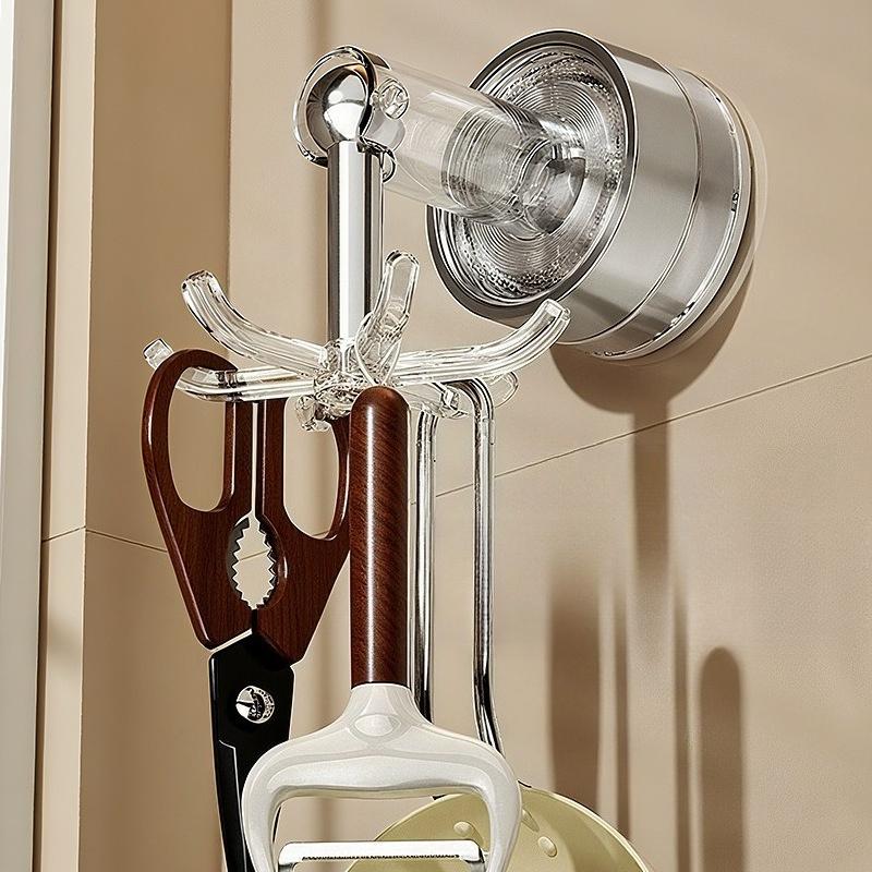 Suction Cup Kitchen Six-prong Hook Seamless No-drilling Rotating Wall-mounted Storage Rack for Pots, Spoons and Kitchenware